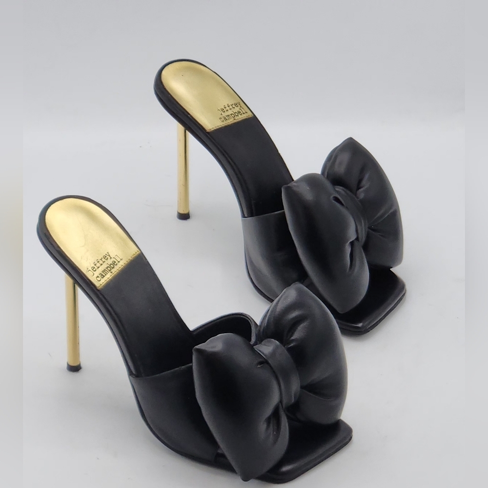 Jeffrey Campbell Bow-Down High Heel Slide Sandals In Black And Gold Size 7 - Picture 16 of 16
